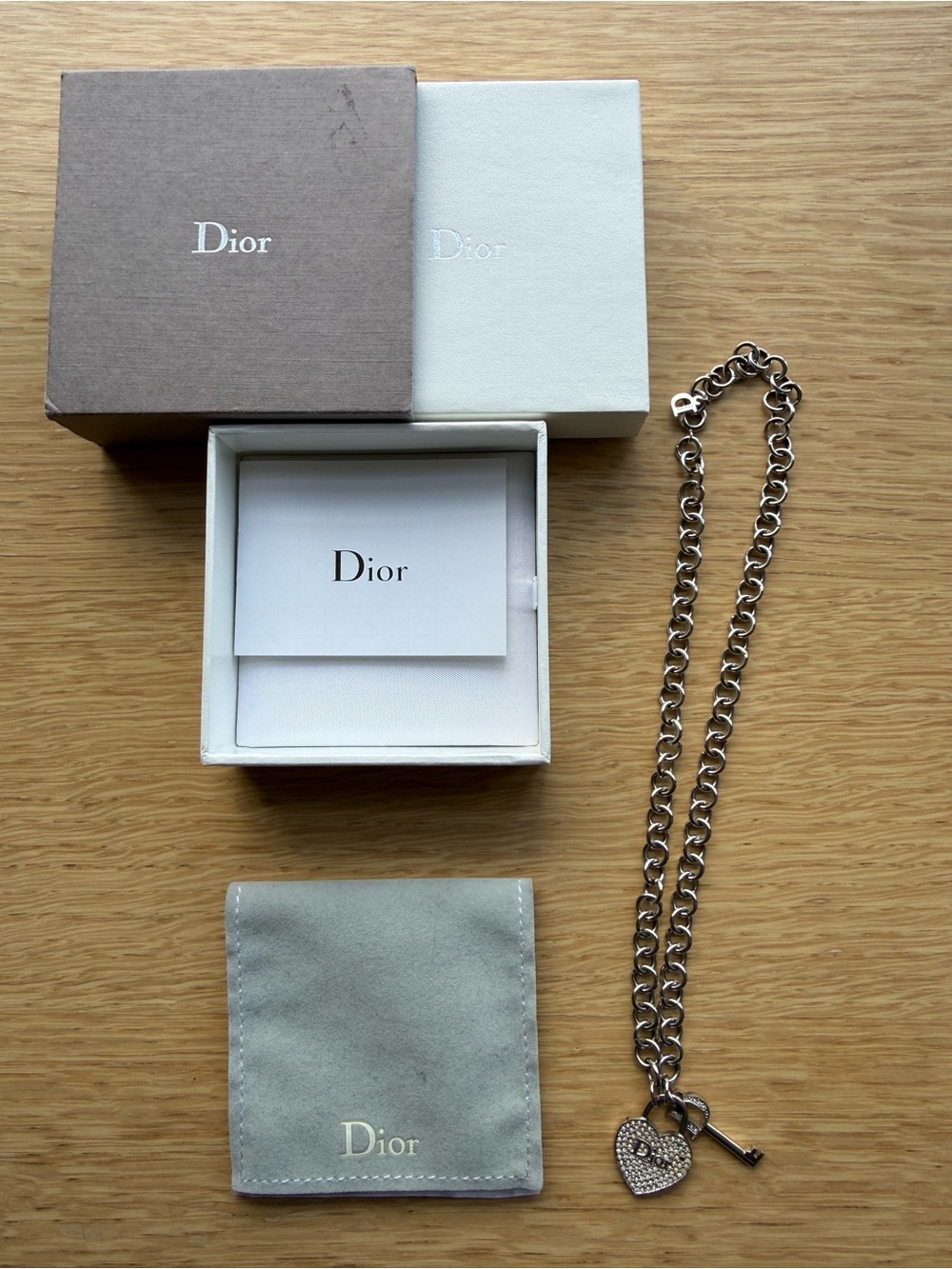 Dior Silver-Tone Chain Necklace with Crystal Heart & Key Charms